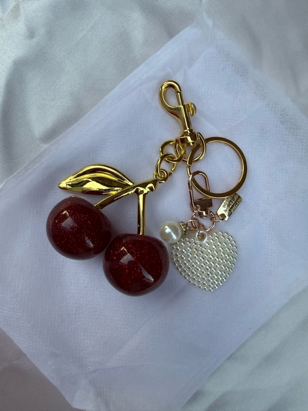 Sparkle Cherry And Pearl Heart Bag Charm